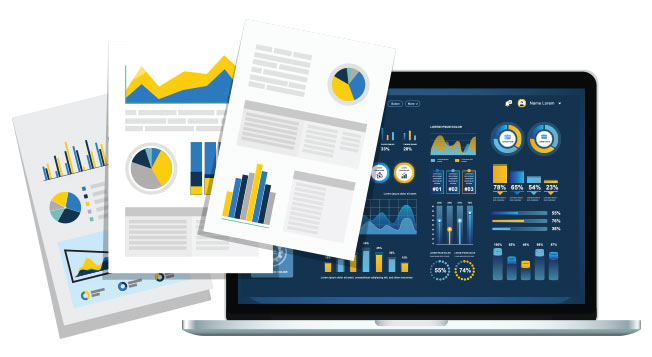 Vector graphic of three reports with a magnifying glass ontop of a taptop computer