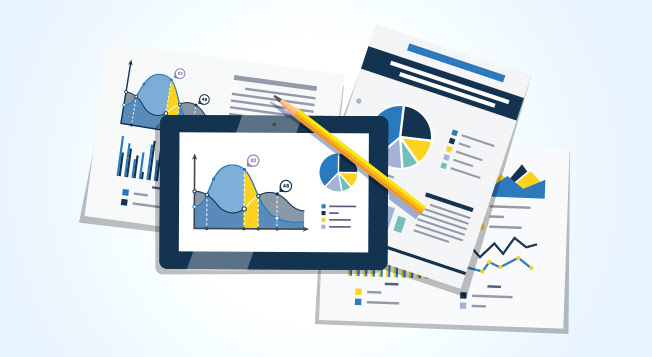 Vector graphic of a tablet with graph data on top of paper documents with graphs on them