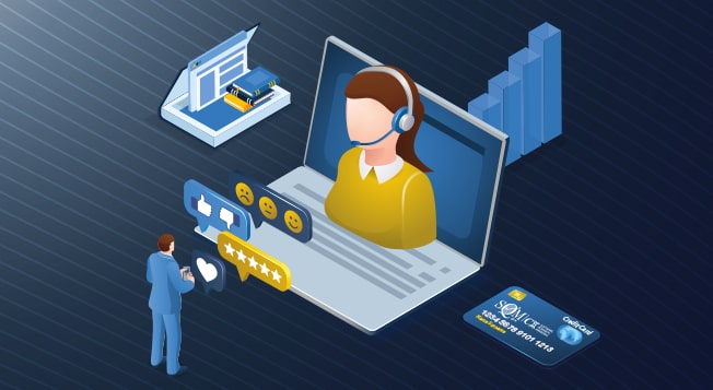 A vector graphic of a computer with a call center agent being judged by a customer