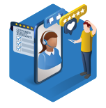 Blue hexagon icon witha person giving feedback on the call operator