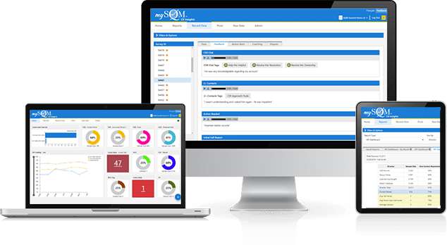 a laptop, a desktop and a table all showing different features of mySQM CX Insights Software