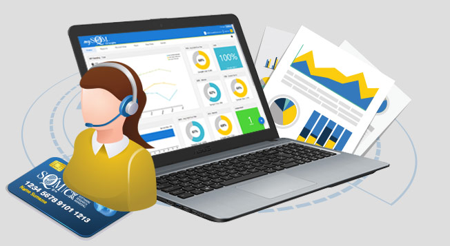 A computer with a call center operator, a credit card and reports 
