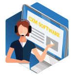 vector icon of a call center lady in front of a computer with the text CXM software