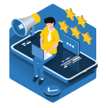 a vector icon of a person sitting on a cell phone with a megaphone working on a laptop.