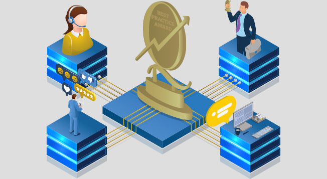 A platform graphic of computers and call center people leading to an award platform in the center.