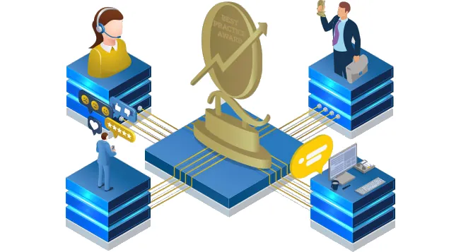 A platform graphic of computers and call center people leading to an award platform in the center.
