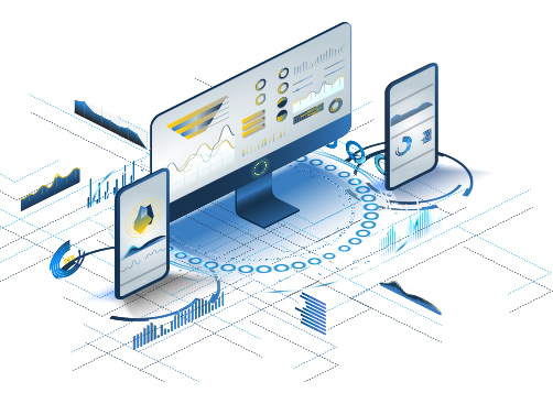 Graph data on a laptop, phone and tablet drawing in an isometric view