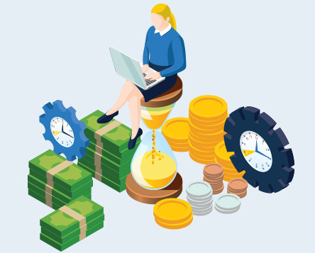 Vector Illustration of a woman with laptop sitting on an hour glass, surrounded by coins and dollars. with gear clocks.