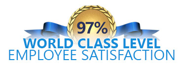 A gold medallion showing 97% Employee Satisfaction.