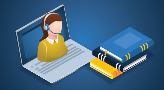 a vector graphic of stack of books and a call center operator popping out of a computer.
