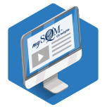 A vector icon of a computer with the mysqm logo on a blue hexagon