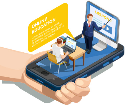 a isometric graphic of a hand holding a phone with a student and teacher learing in an online environment.