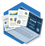 A laptop with software and reports
