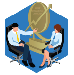 Man and woman sit infront of a trophy on a blue hexagon