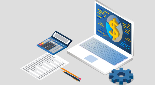  an isometric drawing of a computer and graphs with a gear and a calculator beside it.