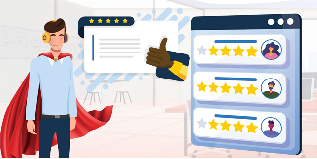 A service hero wearing a cape with a 5 star rating