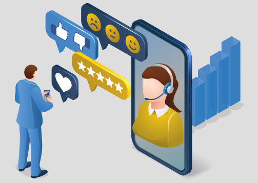 A vector illustration shows a megaphone coming from a cell phone, infront sits a man on a laptop with a shop in the background