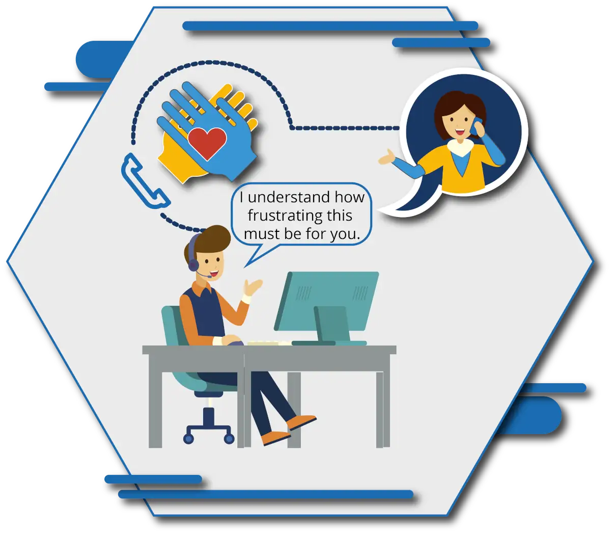 agent at a desk showing empathy