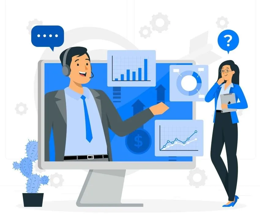 a monitor displaying a man showing analytical data on graphs to a woman standing next to it