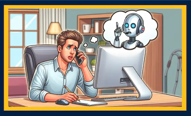 a customer speaking to a customer service AI chat bot over the phone