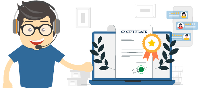 call center agent proudly displaying CX certification