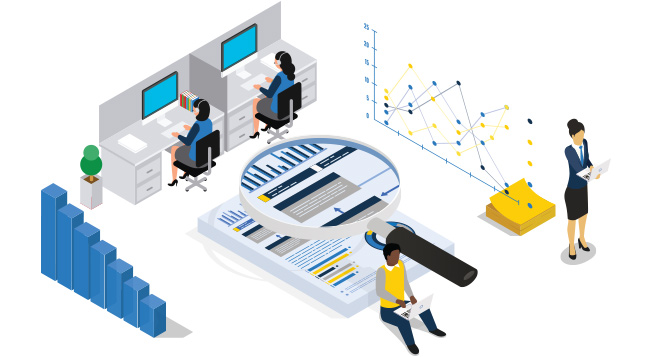 A group of employees with graph around them. A magnifying glass hovers over graphs.