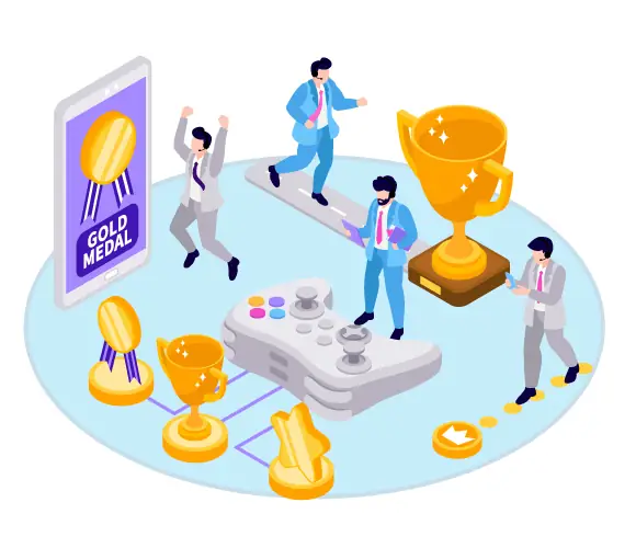 stylized graphic of trophies, gamepads, medals, and customer service agents