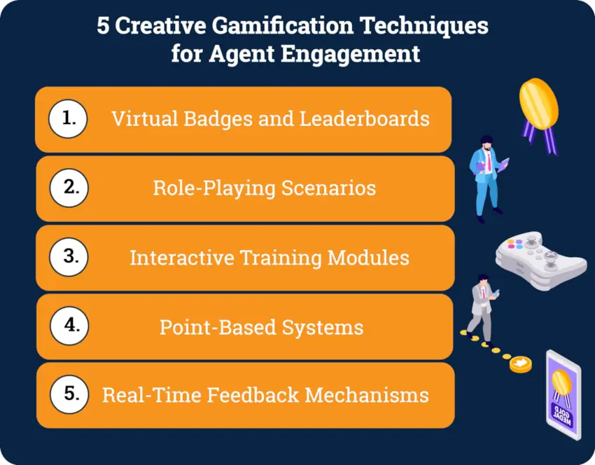 5 creative gamification techniques for agent engagement infographic