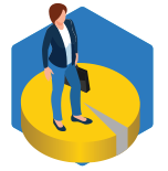 a vector graphic of a lady standing on a pie chat with 5 % missing