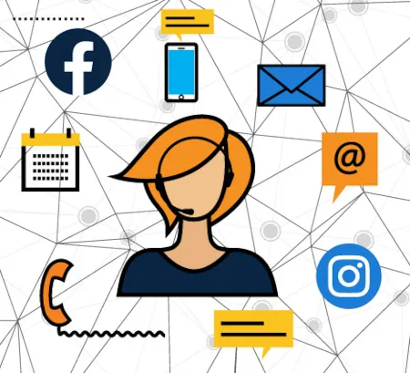 a customer service agent surrounded by connected icons of contact channel methods