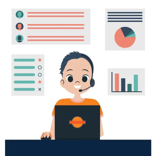 a stylized graphic of a customer service agent at a computer with graphs behind them