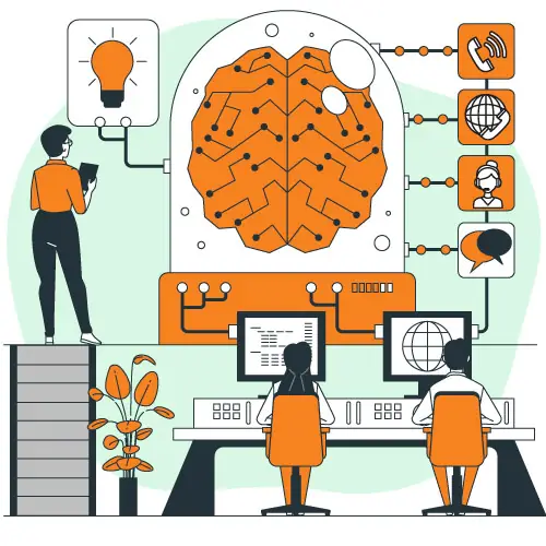 scientists monitoring a digital brain in a lab setting