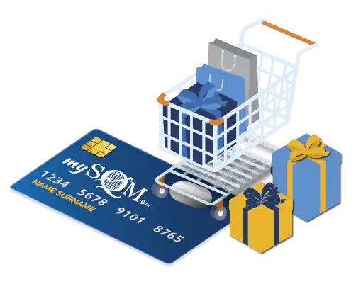 A shopping card with gift bags and presents on top of an SQM credit card