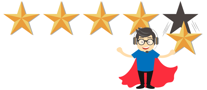 call center agent wearing a cape in front of five stars