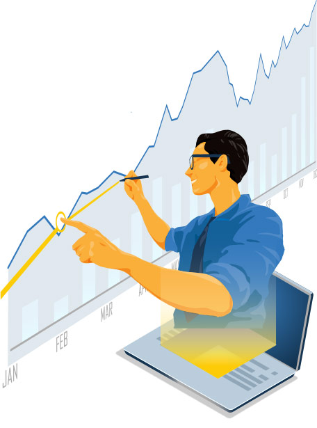 A vector graphic of a man plotting data on a graph 