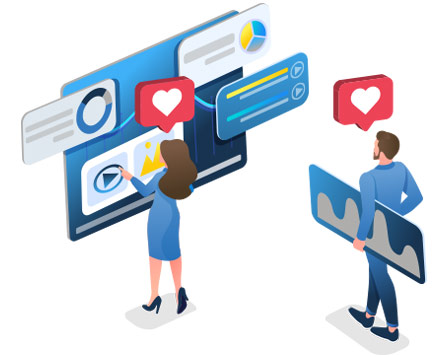 A vector graphic of two people with hearts above their heads looking at graphs